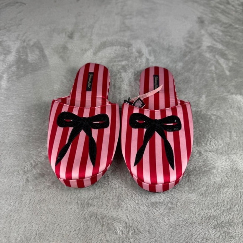 Victoria's Secret Pink Red Stripe Bow Satin Slippers Women's M/M New With Tags